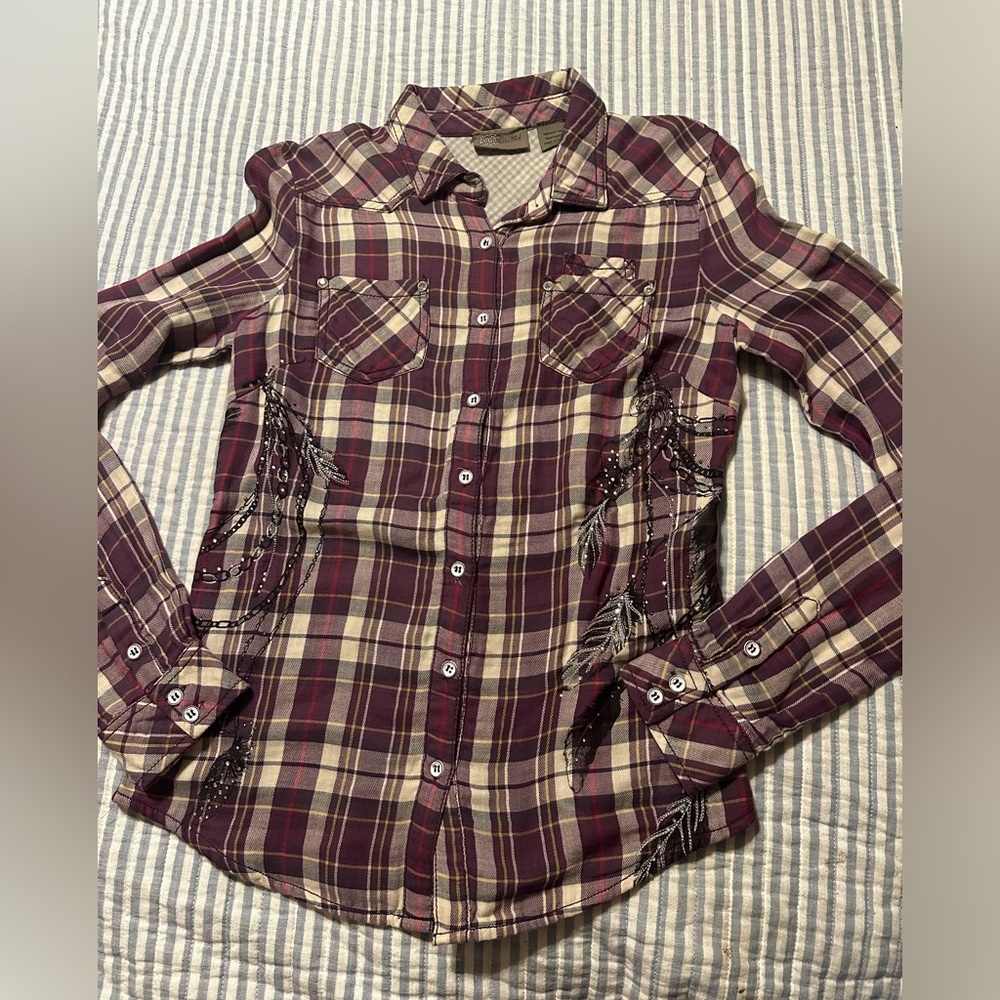 Miss Me Plaid Button Down Small ladies long sleeve shirt - Picture 2 of 6